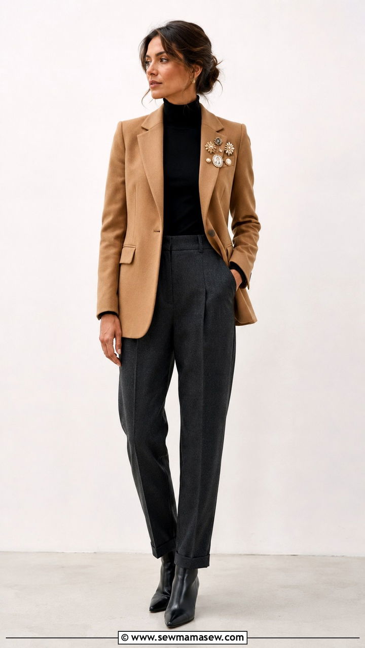 Brooched Camel Blazer With Vintage Pins - 20 2026 Pinterest predicts outfits