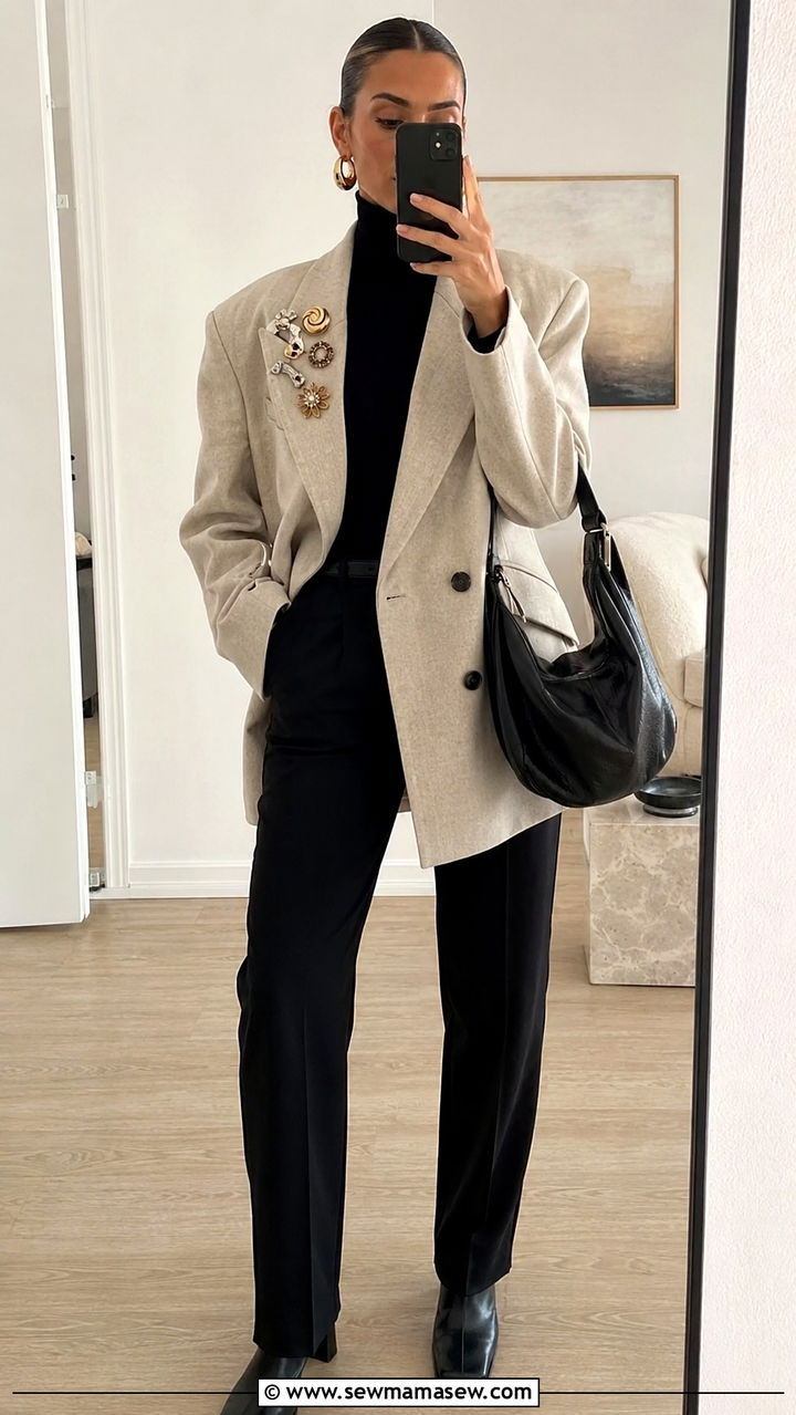 Brooches on an Oversized Double Breasted Blazer Outfit - 30 maximalist outfits 2026