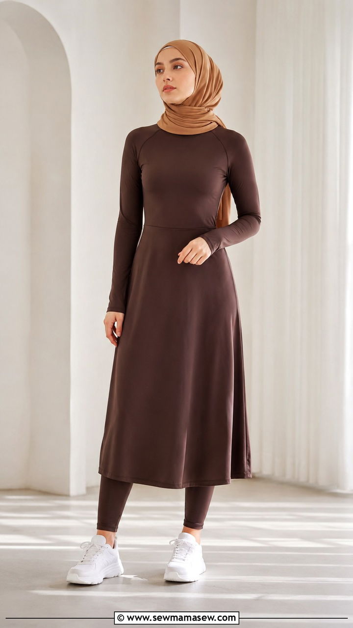 Brown Activewear Dress With Hijab And White Sneakers - 25 Modest yoga outfit ideas with hijab