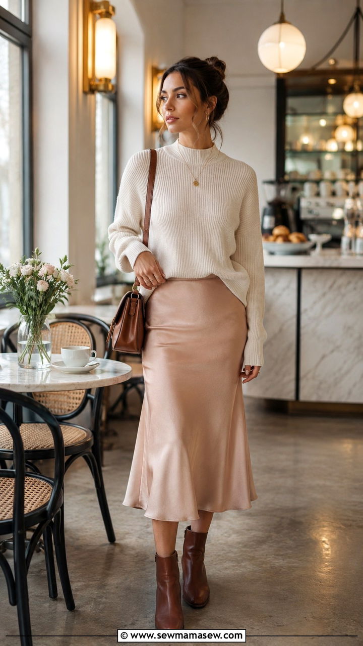 Brown Ankle Boots with a Cream Knit and Midi Skirt - 30 How to style ankle boots in spring