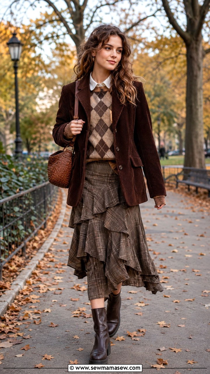 Brown Argyle Sweater with Corduroy Jacket and Layered Skirt - 25 Old money outfit ideas with argyle sweater