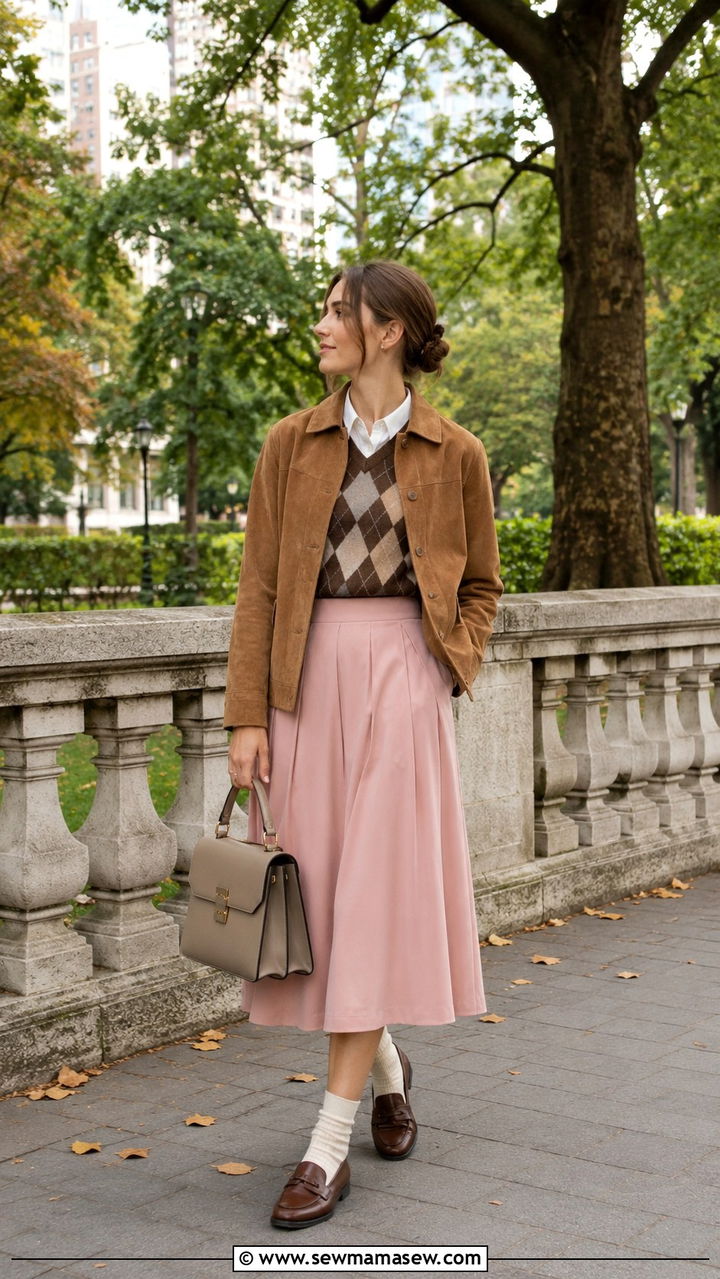 Brown Argyle Sweater with Suede Jacket and Pastel Skirt - 25 Old money outfit ideas with argyle sweater