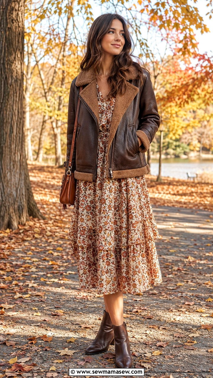 Brown Aviator Jacket With Floral Midi Dress - 25 Pilot outfit ideas