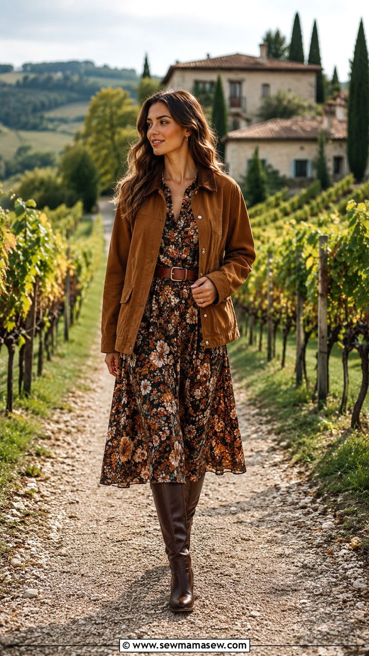 Brown Barn Jacket With Floral Midi Dress And Leather Knee Boots - 25 Old money outfit ideas with barn jacket
