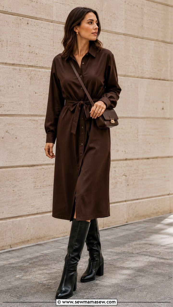 Brown Belted Shirtdress with Knee Boots - 30 business casual outfits ideas
