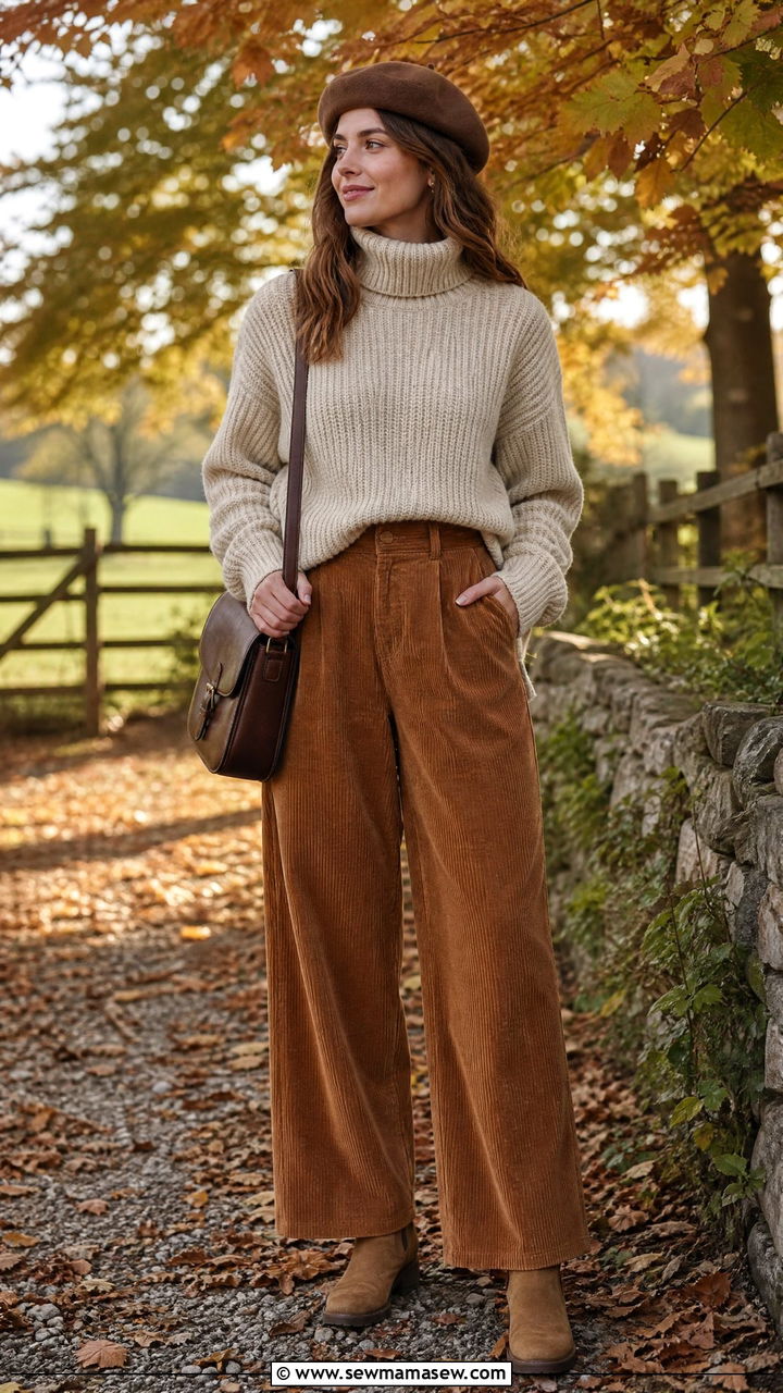 Brown Beret with Corduroy Pants and Chunky Knit Sweater - 25 French girl outfit ideas with beret