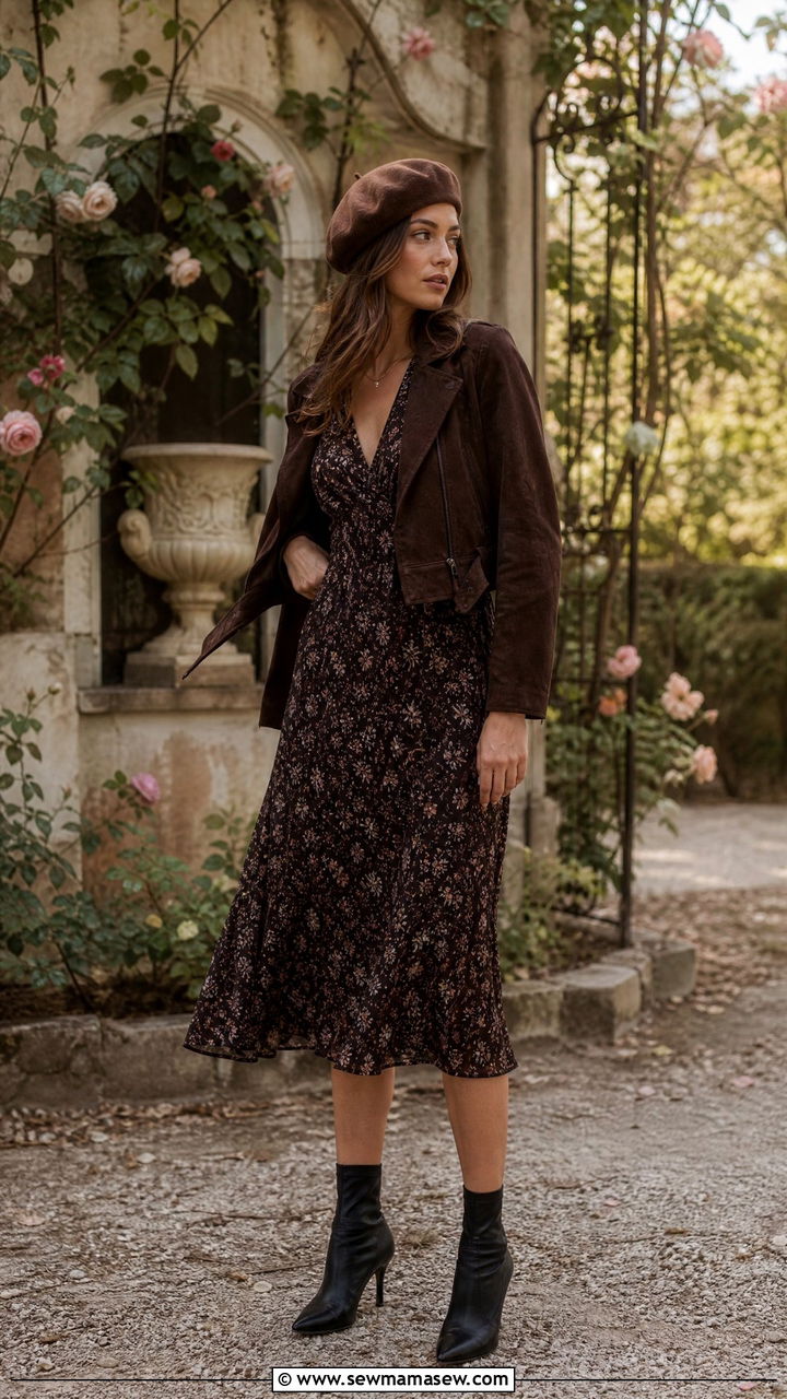 Brown Beret with Floral Midi Dress and Ankle Boots - 25 French girl outfit ideas with beret