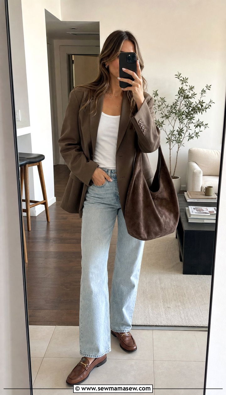 Brown Blazer With Straight Leg Jeans And Loafers - 35 brown outfit ideas for women