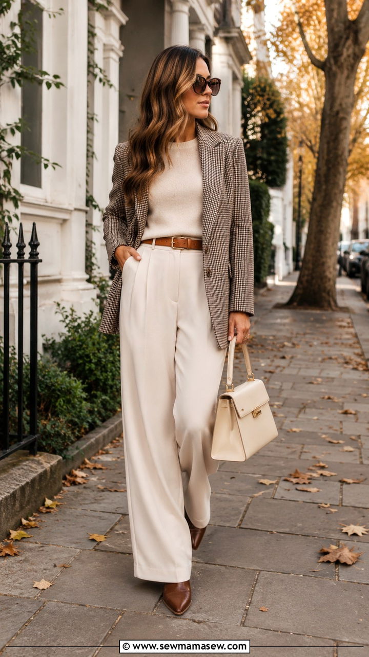 Brown Blazer and Cream Wide Leg Trousers Outfit - 30 minimalist capsule wardrobe outfits