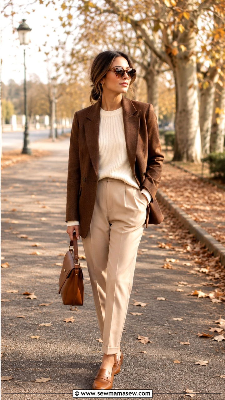 Brown Blazer with Cream Knit and Beige Trousers - 30 how to style blazer outfits