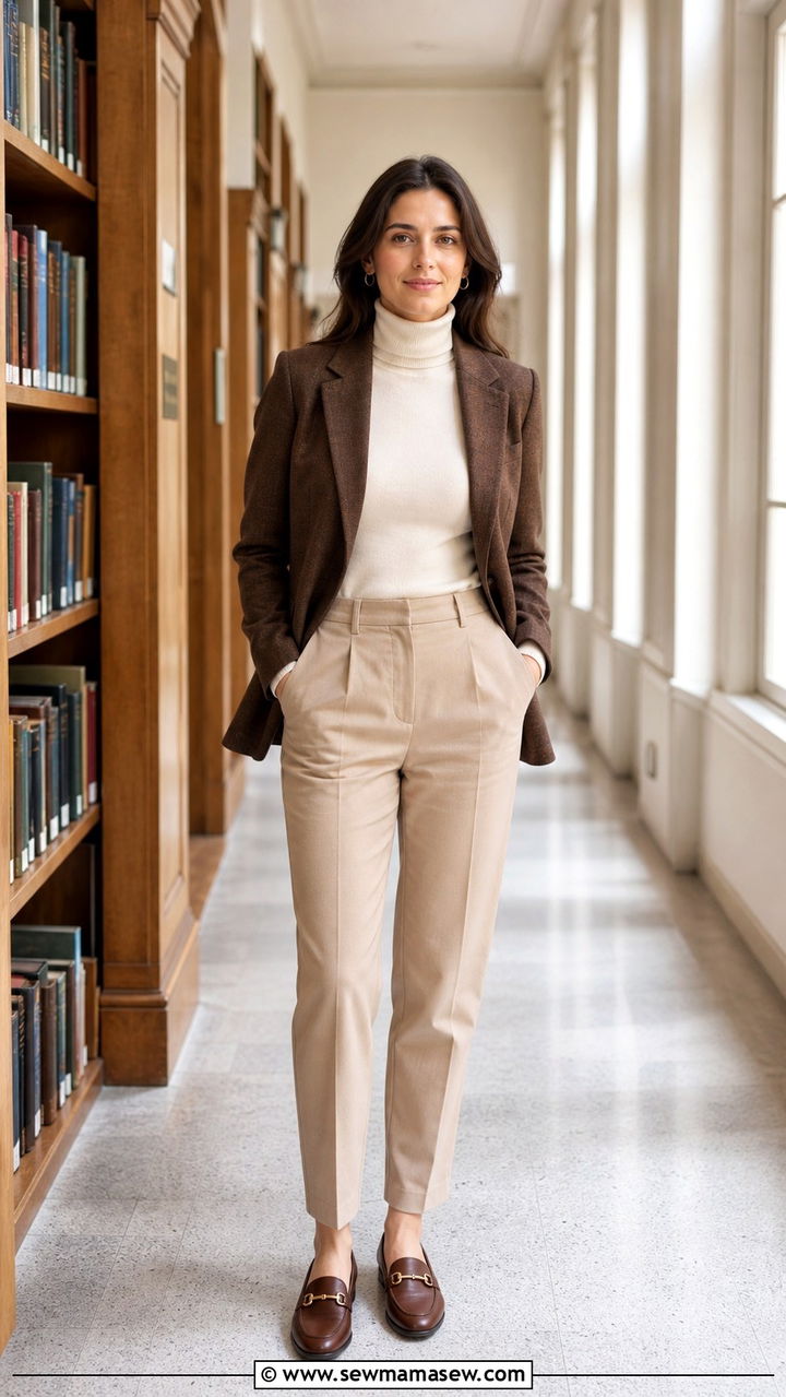Brown Blazer with Turtleneck and Tailored Trousers Outfit - 40 First day of school outfit ideas 2026