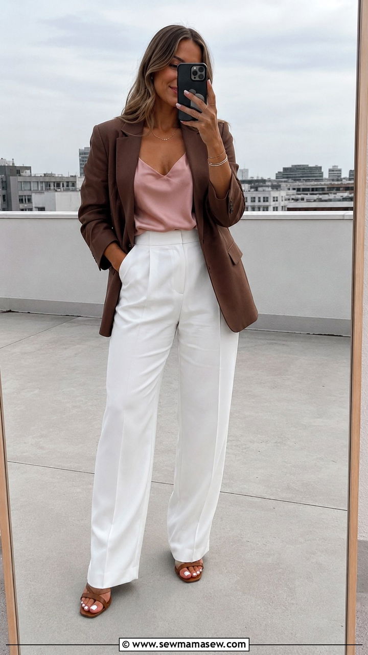 Brown Blazer with a Pink Camisole and White Trousers - 30 Brown and pink outfit ideas