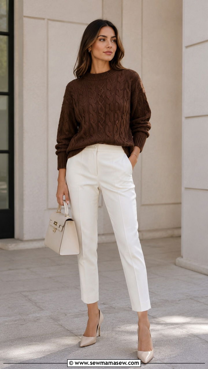Brown Cable Knit Sweater with White Tailored Trousers - 25 Old money outfit ideas with cable knit