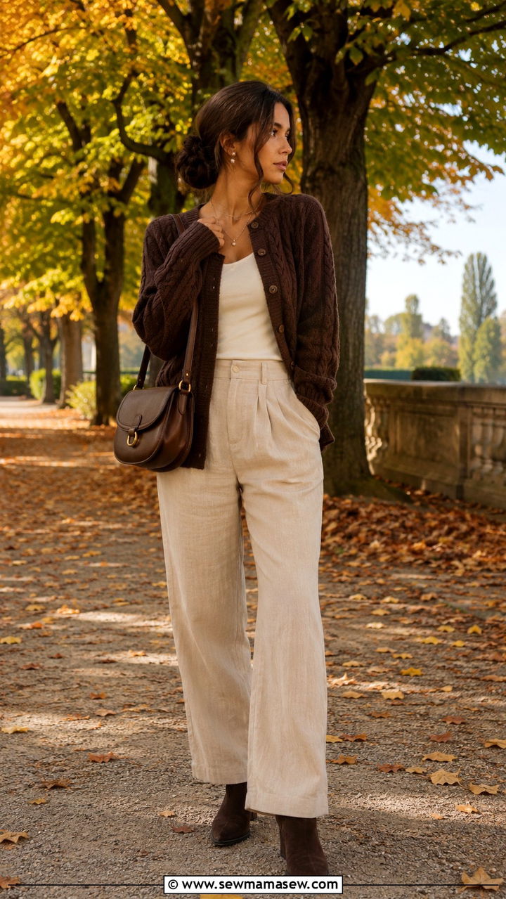 Brown Cardigan Beige Trousers Pearl Pendant Old Money - 25 Old money outfit ideas with pearls