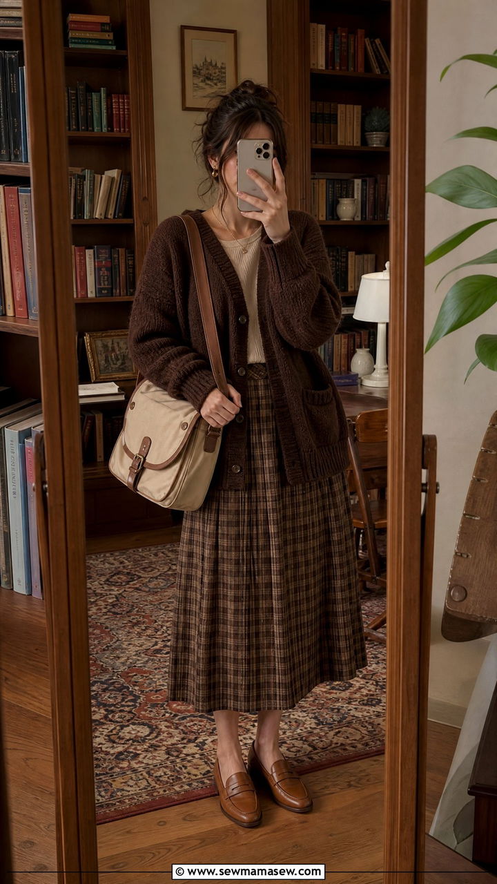 Brown Cardigan With Plaid Midi Skirt - 35 librarian core outfits