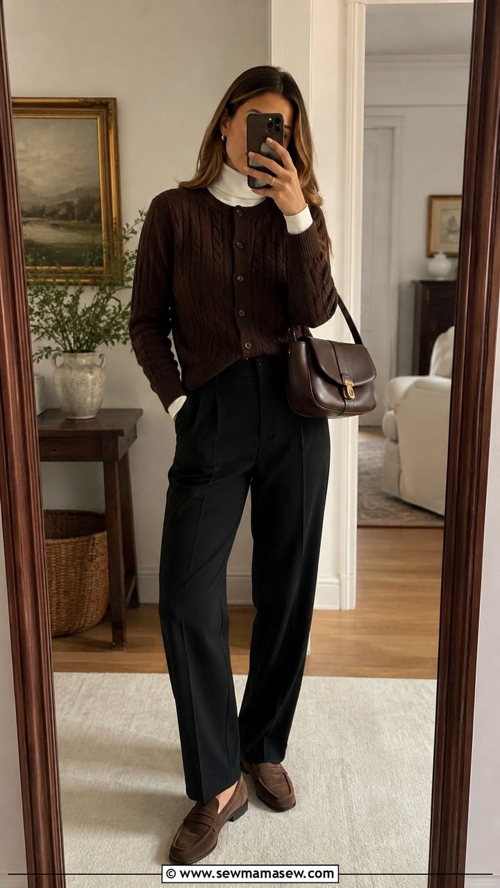 Brown Cardigan With White Turtleneck And Black Trousers - 30 Old money outfit ideas spring 2026