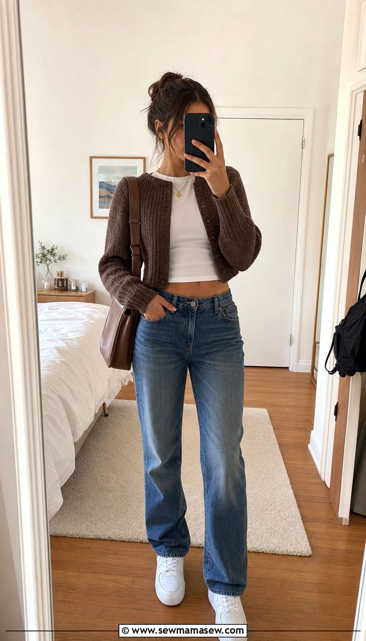 Brown Cardigan and White Tee Outfit - 25 Clean girl outfit ideas for school