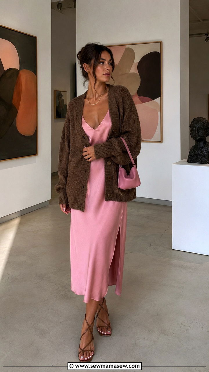 Brown Cardigan over a Pink Slip Dress - 30 Brown and pink outfit ideas
