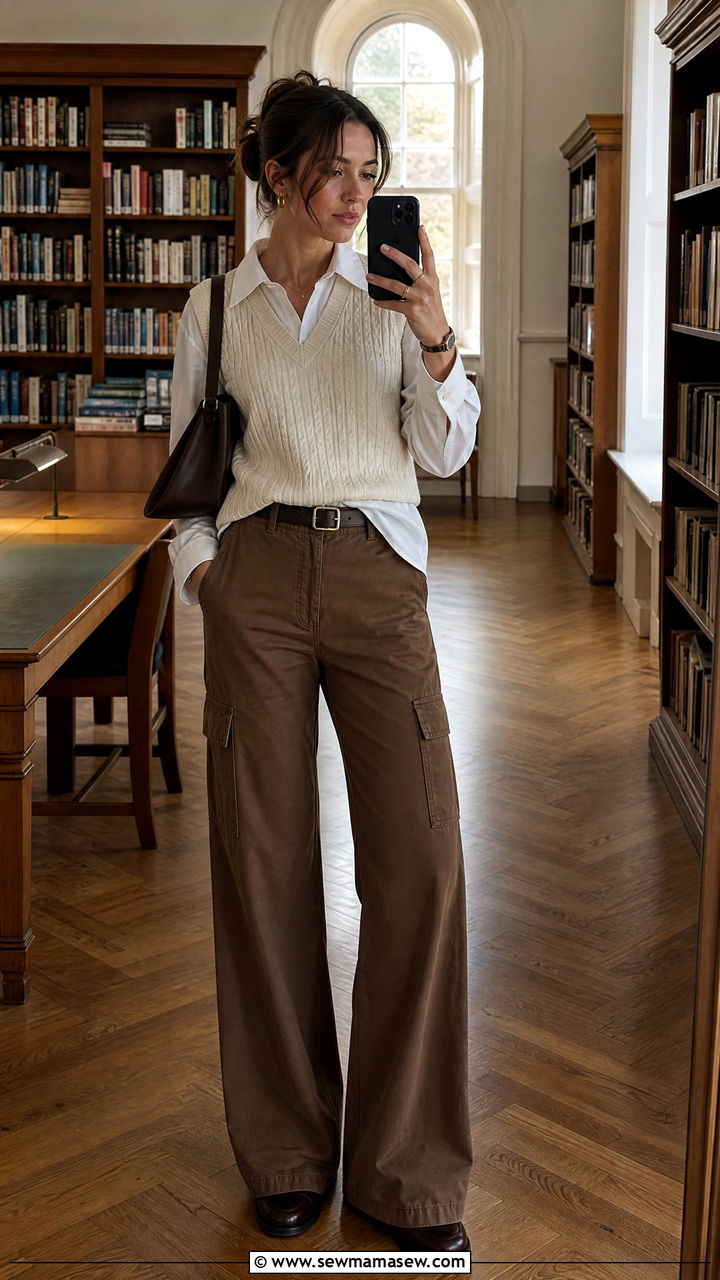 Brown Cargo Pants With A Cream Sweater Vest And Collared Shirt - 25 cargo pants outfits inspo