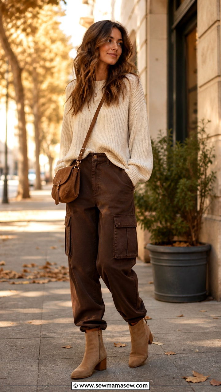 Brown Cargo Pants With Cream Sweater and Suede Boots - 40 cargo pants outfits