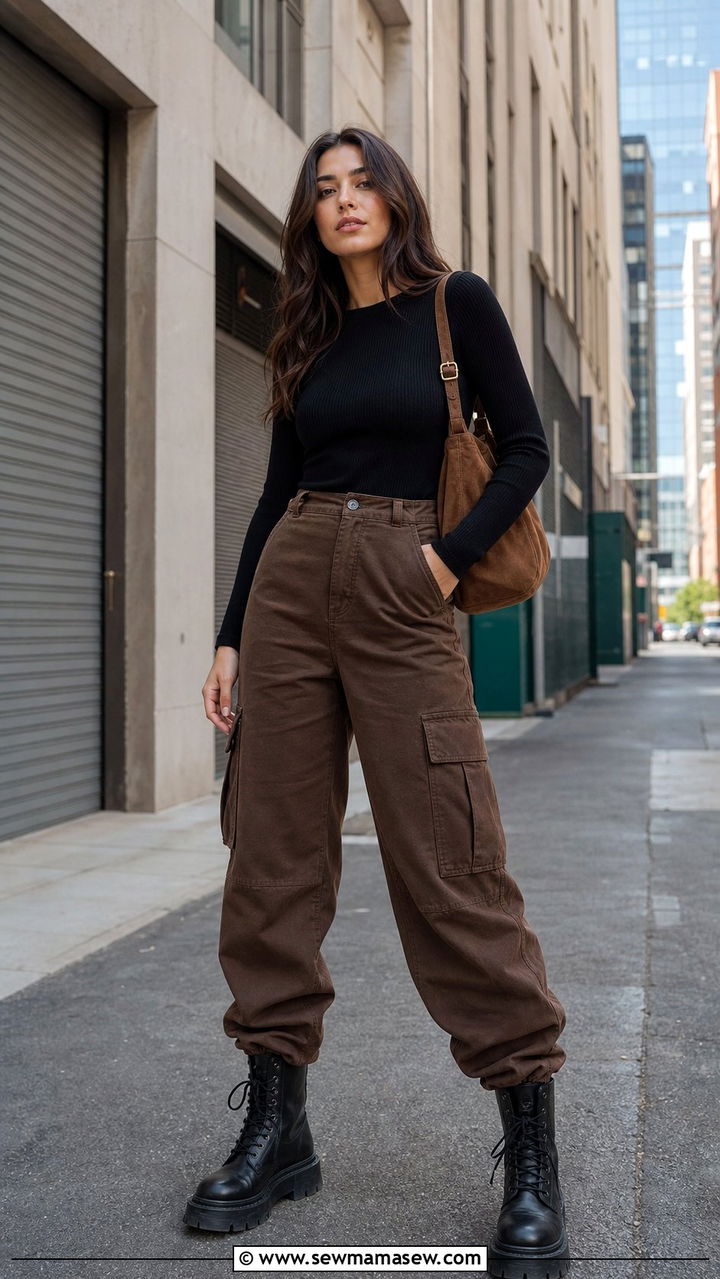 Brown Cargo Pants With Fitted Black Top - 35 brown outfit ideas for women