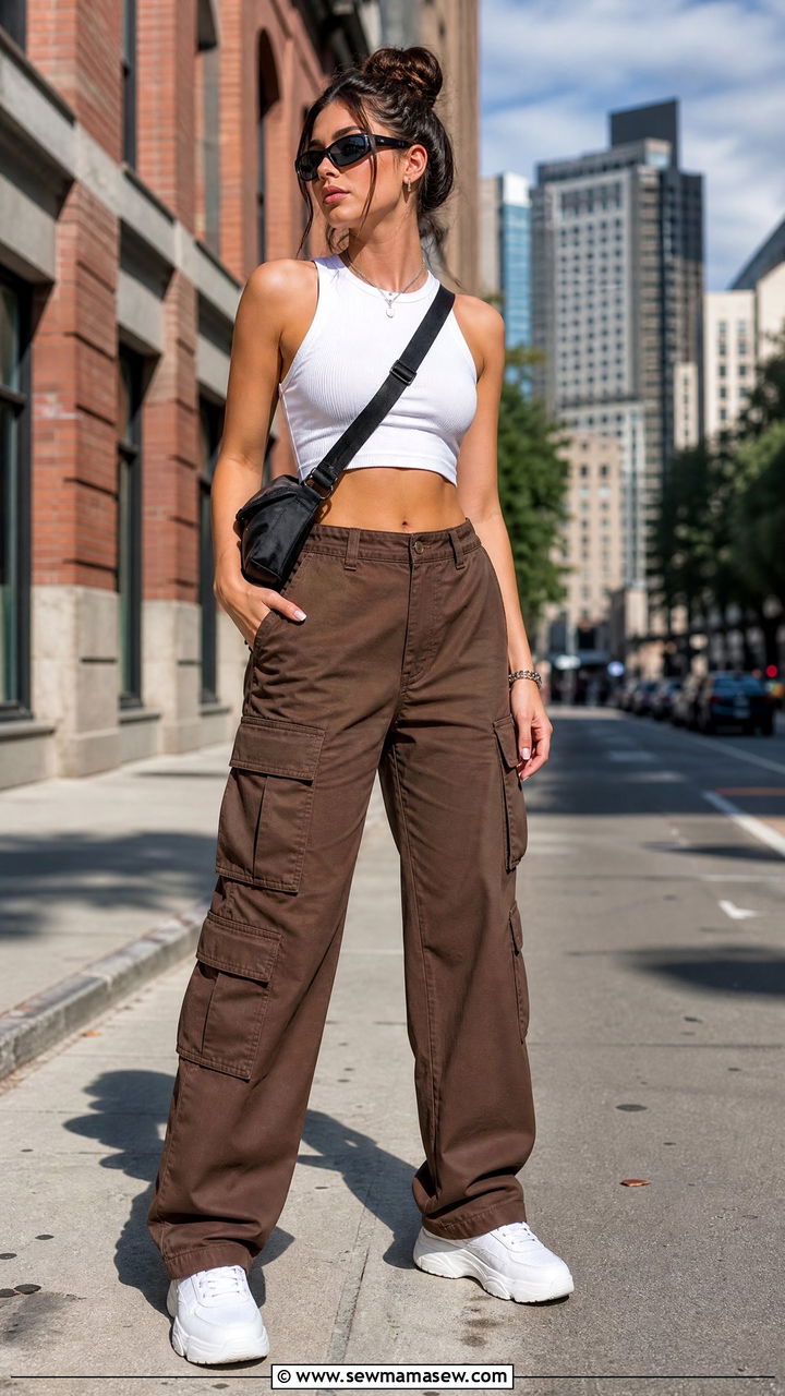 Brown Cargo Pants With White Crop Top - 30 Summer outfits in brown