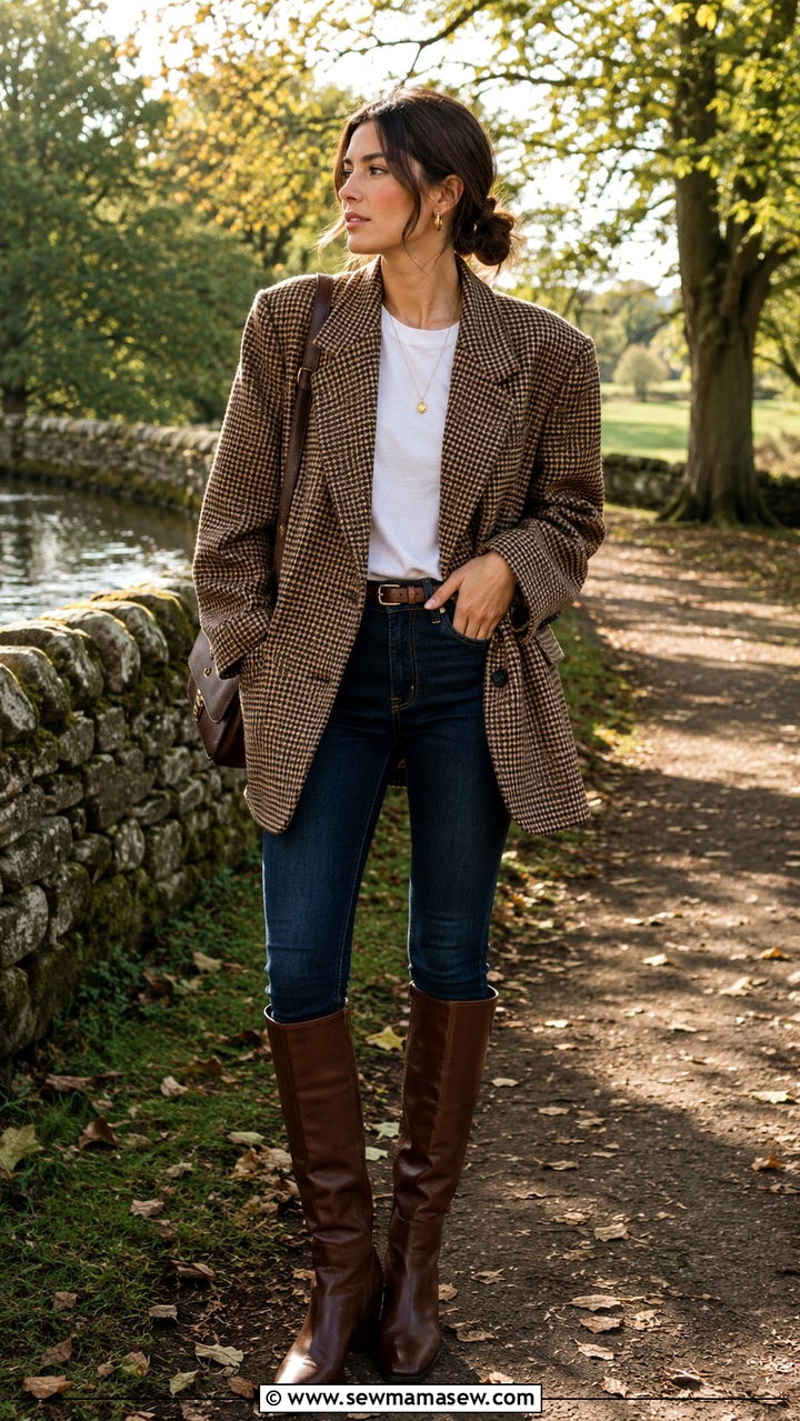 Brown Check Oversized Blazer With White Tee and Skinny Jeans - 30 Oversized blazer outfit ideas with a t-shirt