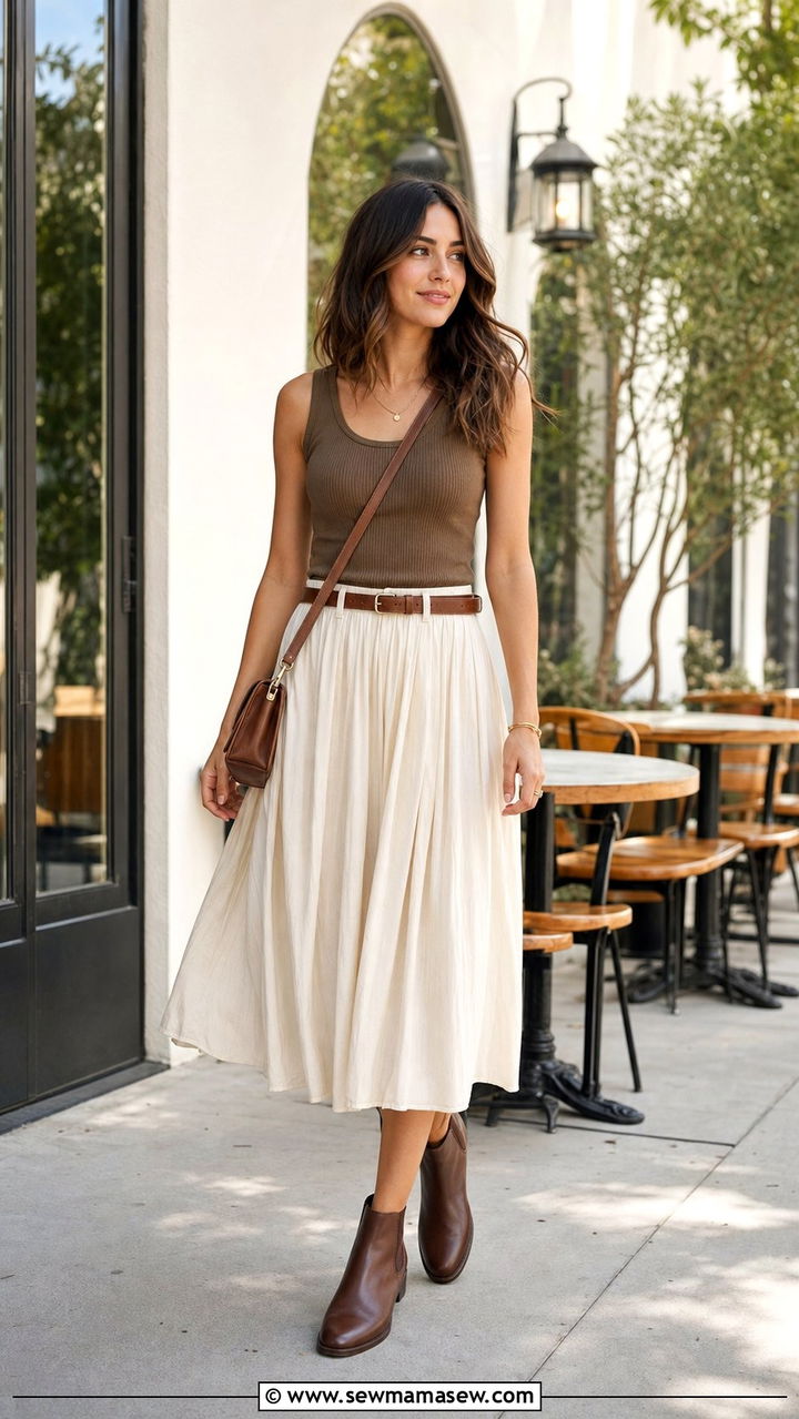 Brown Chelsea Boots With Midi Skirt - 25 Summer outfits with chelsea boots