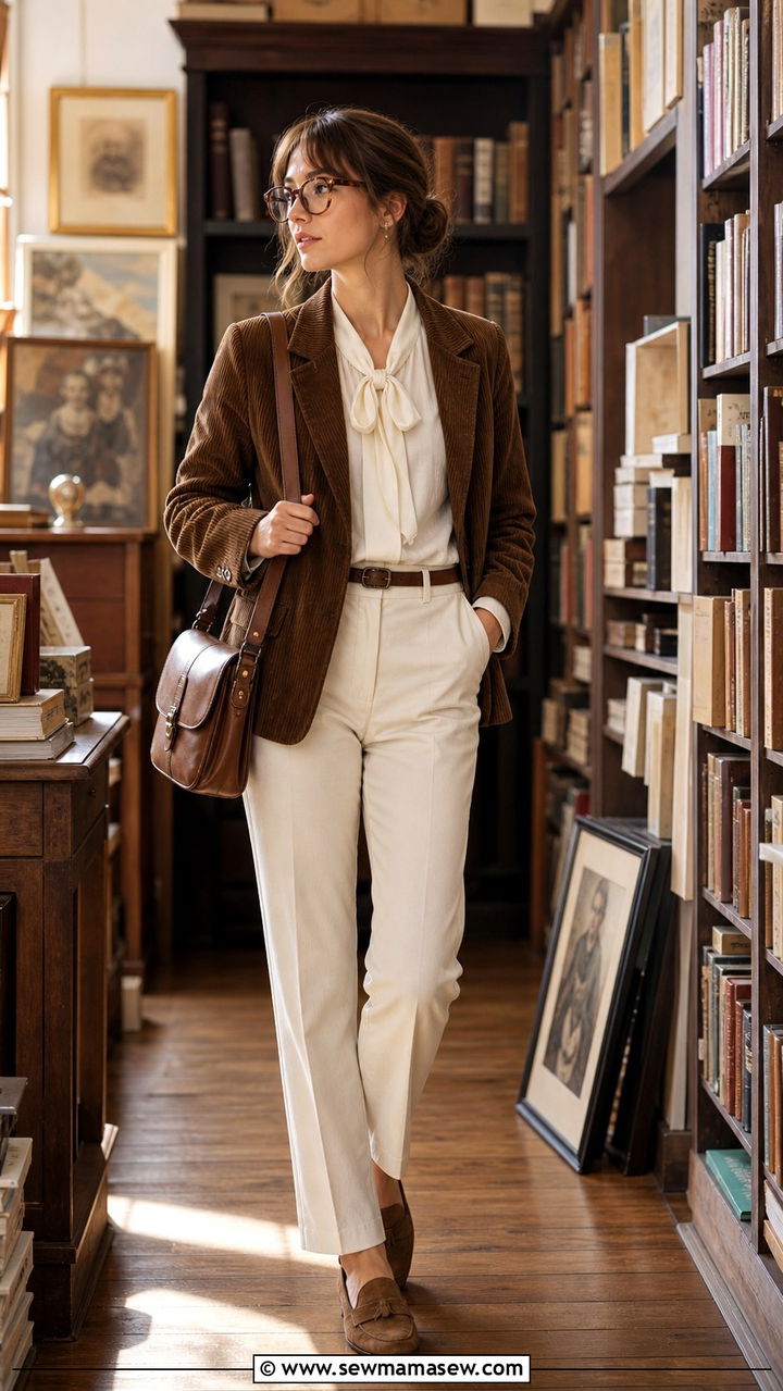 Brown Corduroy Jacket And White Blouse - 40 light academia outfits ideas