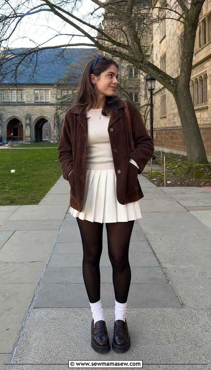Brown Corduroy Jacket with Tennis Skirt and Tights - 25 cute dark academia outfits