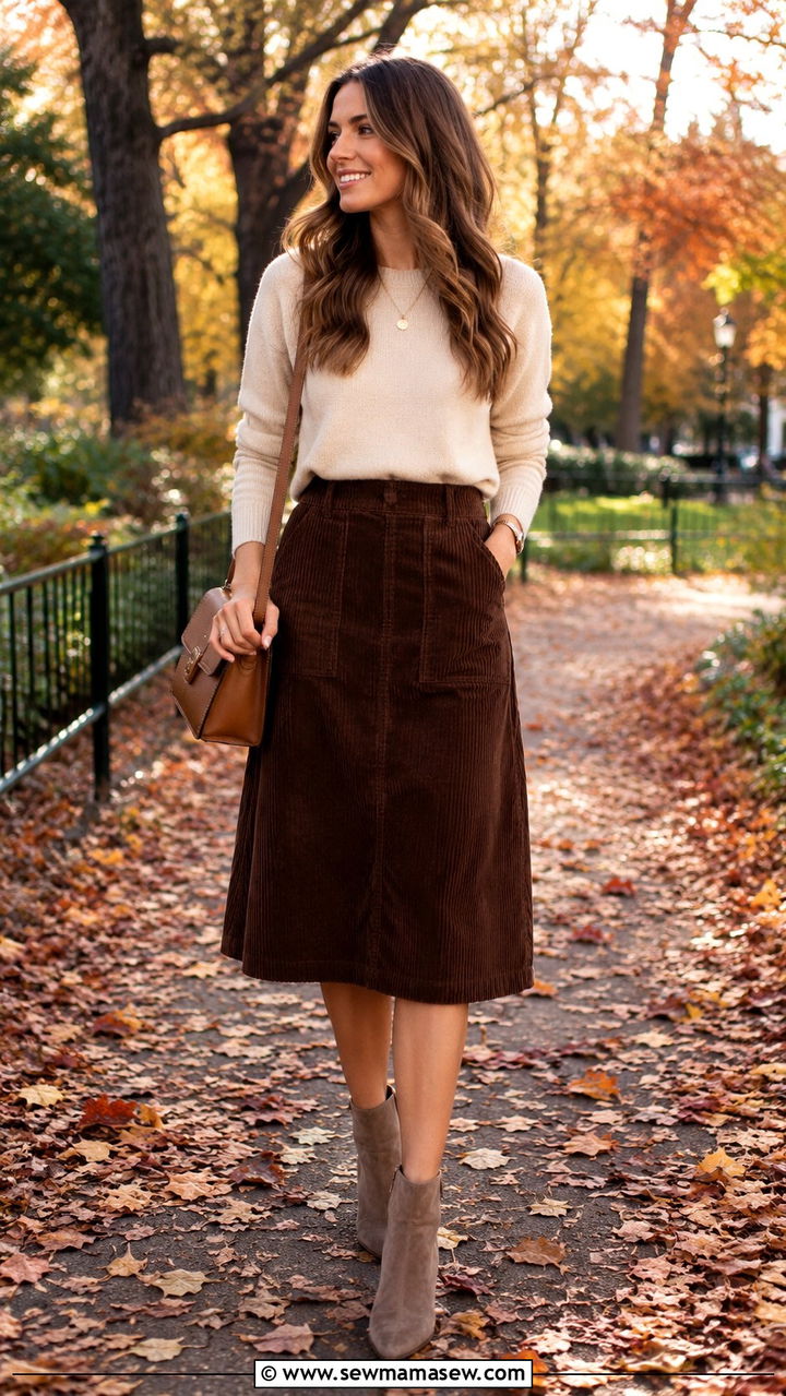 Brown Corduroy Midi Skirt with a Cashmere Sweater and Ankle Boots Outfit - 30 Business casual outfits for Fridays