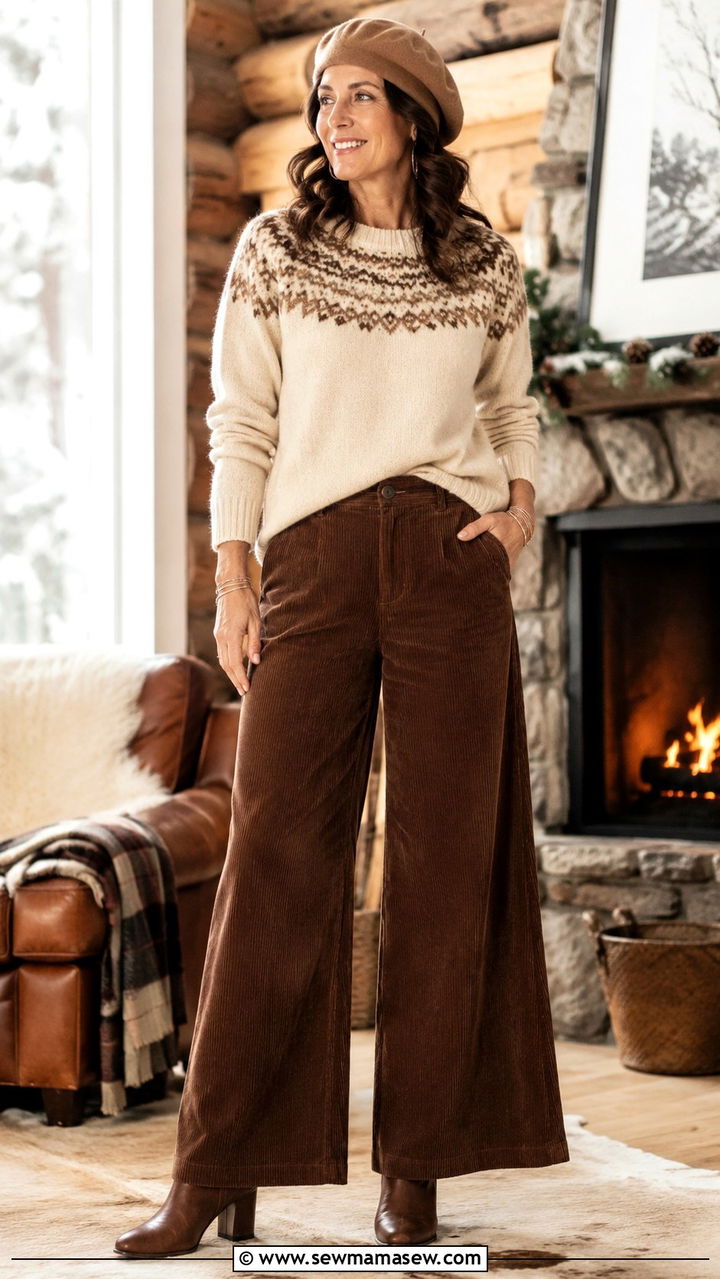 Brown Corduroy Palazzo Pants and a Fair Isle Sweater - 25 palazzo pants outfits for women over 40