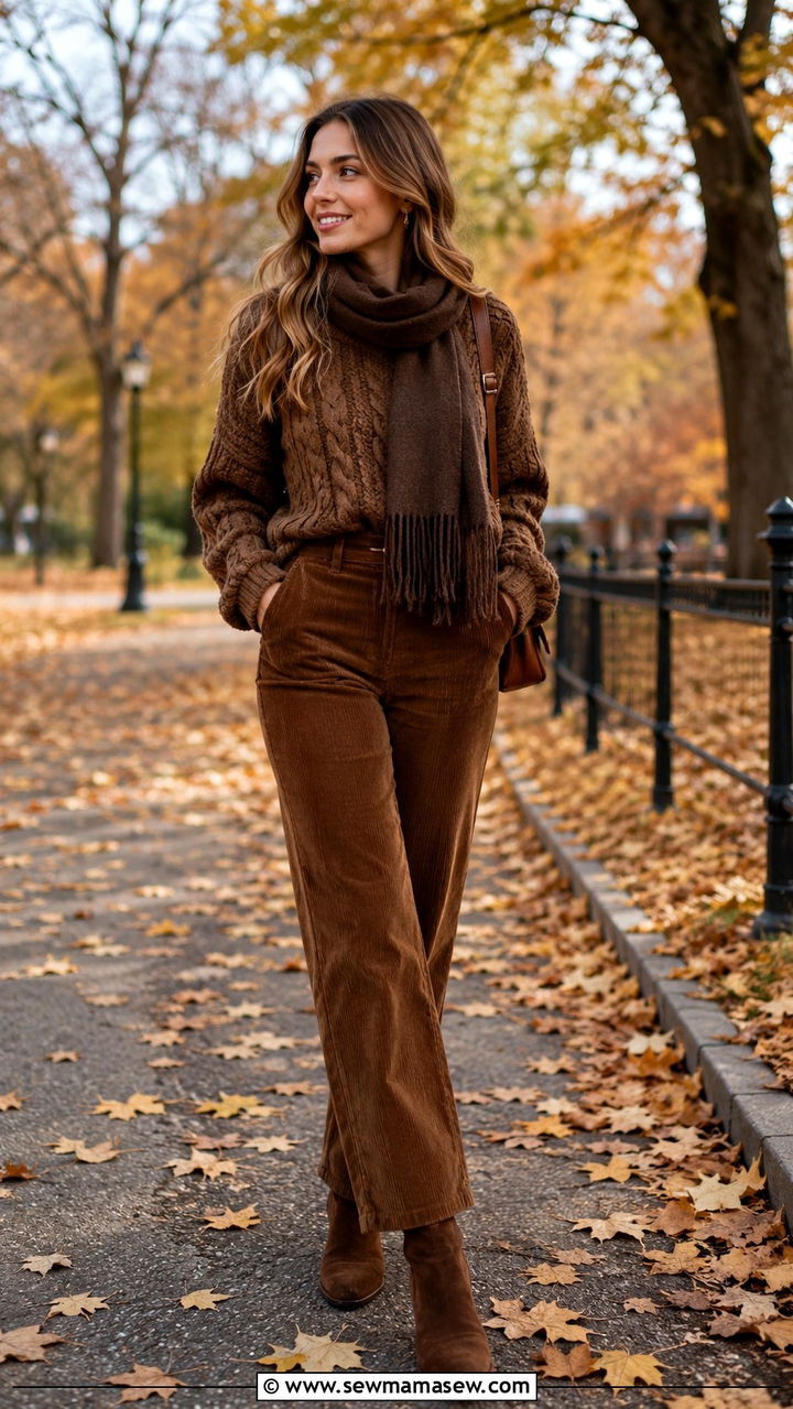 Brown Corduroy Pants With Cable Knit Sweater - 30 Monochromatic brown outfits