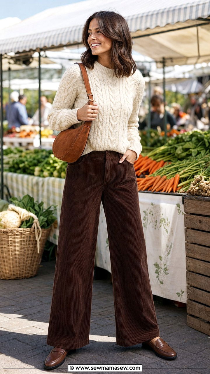 Brown Corduroy Trousers With Cream Cable Knit Sweater - 35 brown outfit ideas for women