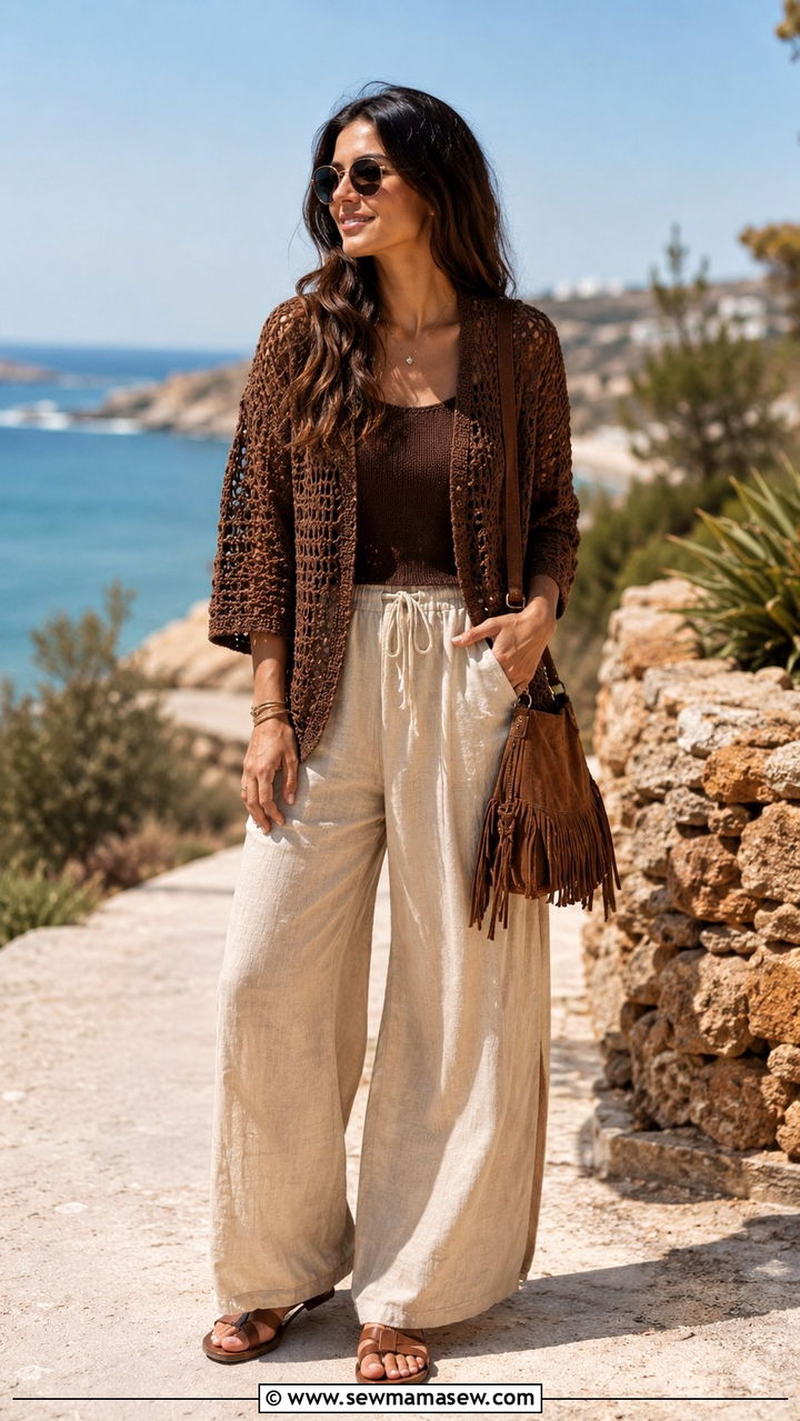 Brown Crochet Cardigan With Matching Tank And Wide Leg Pants - 30 Monochromatic brown outfits