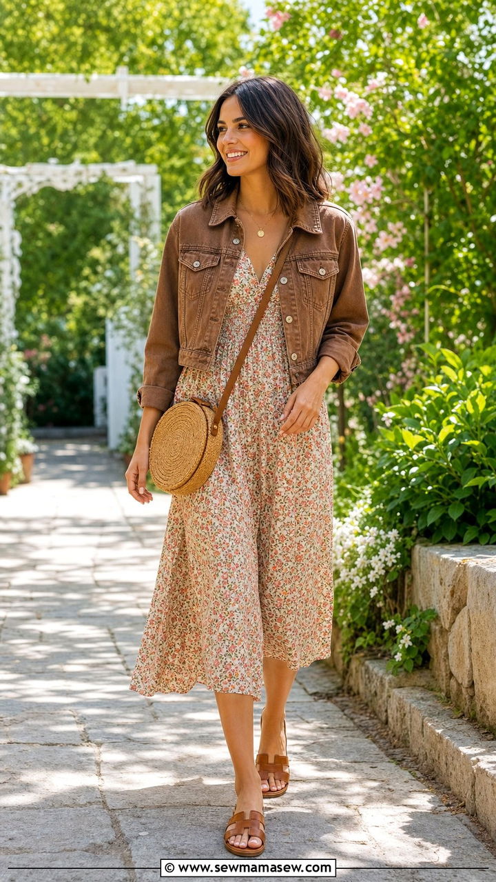 Brown Denim Jacket Over A Floral Midi Dress - 35 brown outfit ideas for women