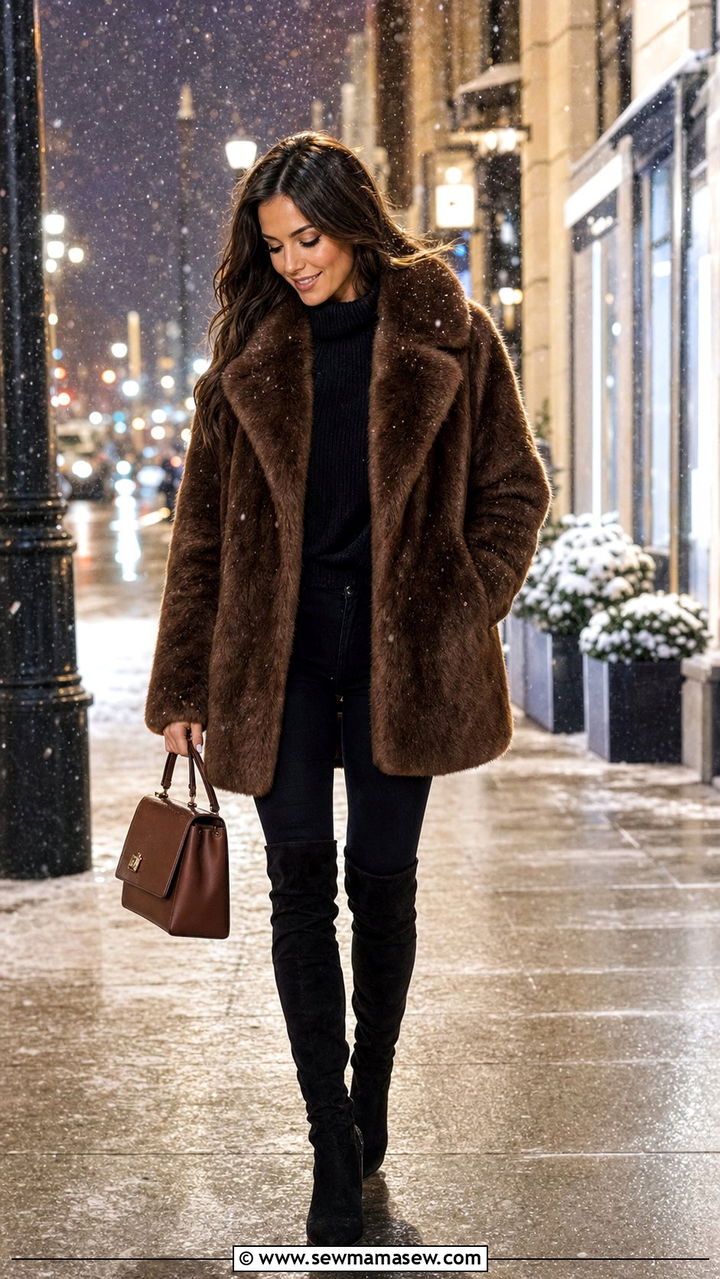 Brown Faux Fur Coat With Black Skinny Jeans - 35 brown outfit ideas for women