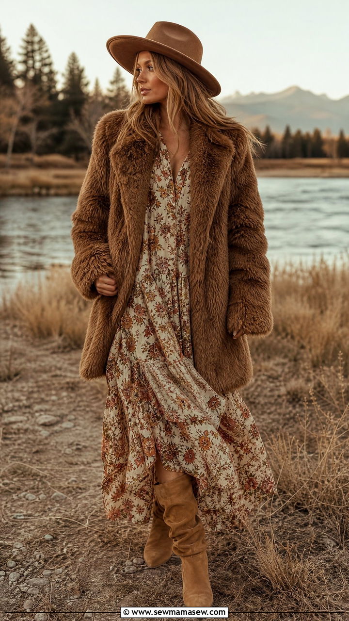 Brown Faux Fur Coat With a Floral Maxi Dress and Suede Boots - 30 Faux fur coat outfit ideas