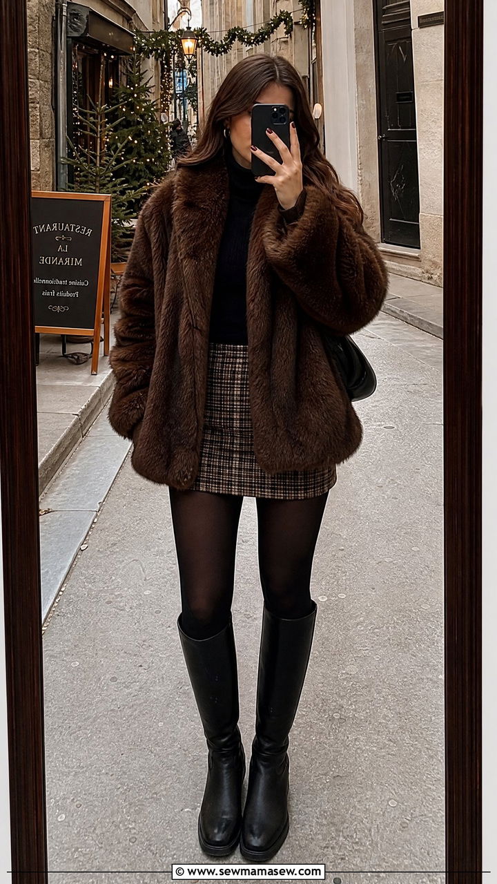 Brown Fur Coat with Plaid Mini Skirt and Tights - 35 Fur coat outfit ideas