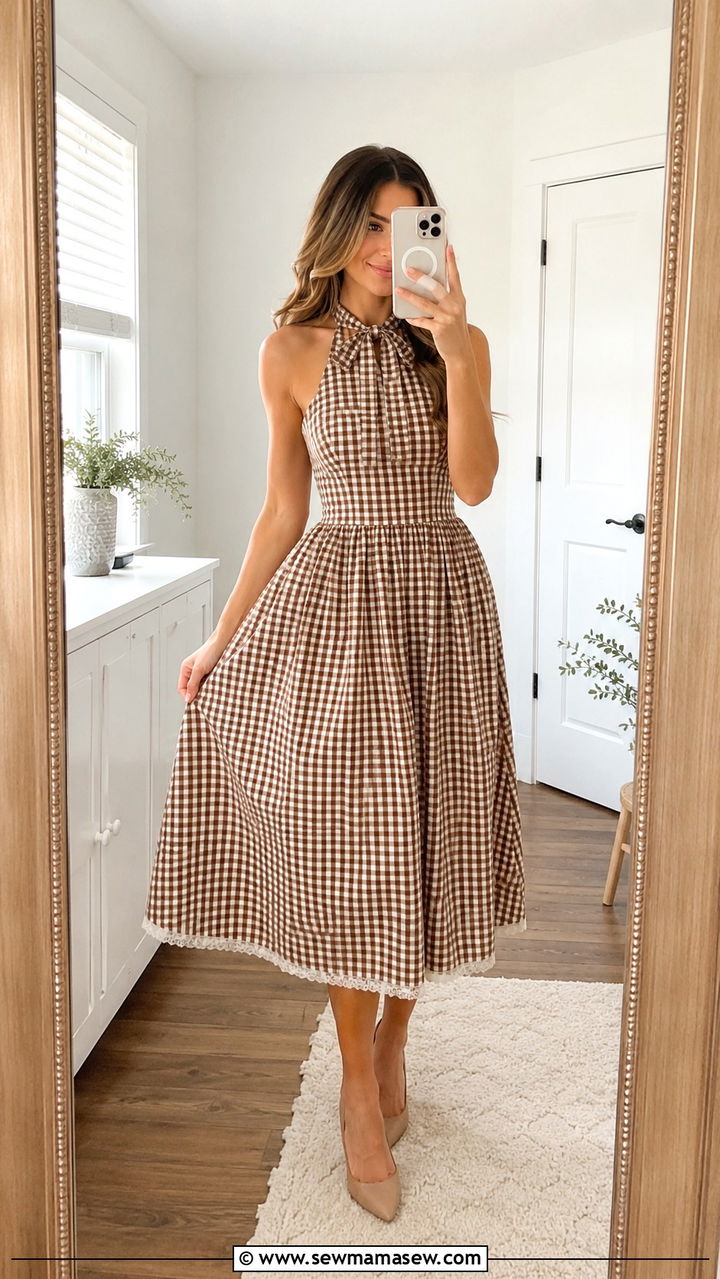 Brown Gingham Midi Dress With Halter Neckline - 20 Western outfit ideas Kacey Musgraves style