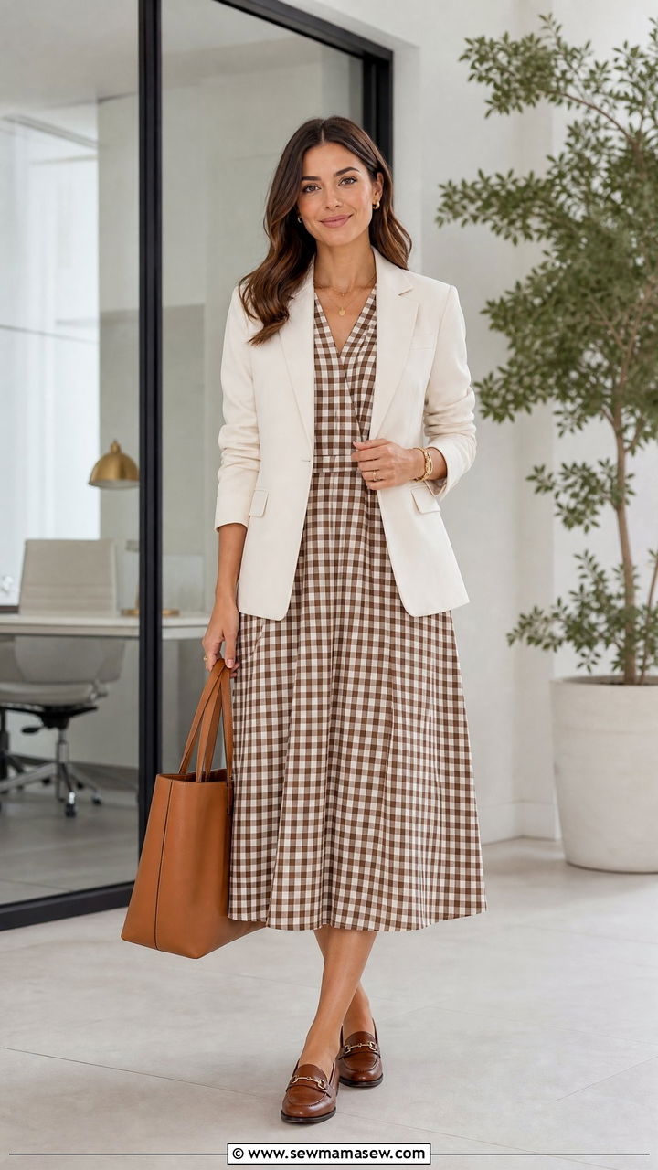 Brown Gingham Midi Dress With Loafers And Blazer - 30 Gingham dress outfit ideas