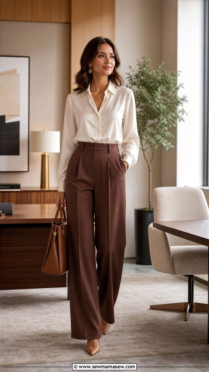 Brown High Waisted Trousers With a Cream Silk Blouse - 30 Formal office outfit ideas