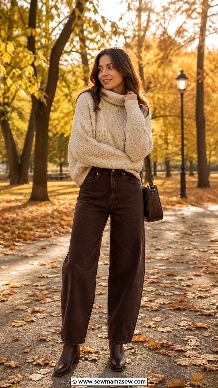 Brown Jeans With Chunky Knit Sweater And Boots - 40 Colored jeans outfit ideas