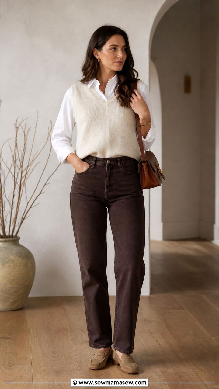 Brown Jeans With Ivory Knit Vest And Suede Loafers - 40 spring jeans outfit ideas