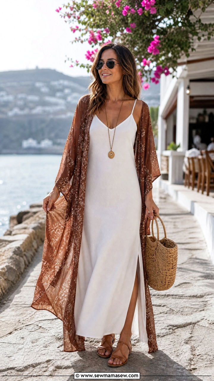Brown Kimono Cover Up With White Dress - 30 Summer outfits in brown