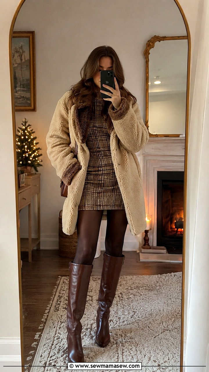 Brown Knee High Boots With A Check Mini Dress - 30 Knee high boot outfit ideas