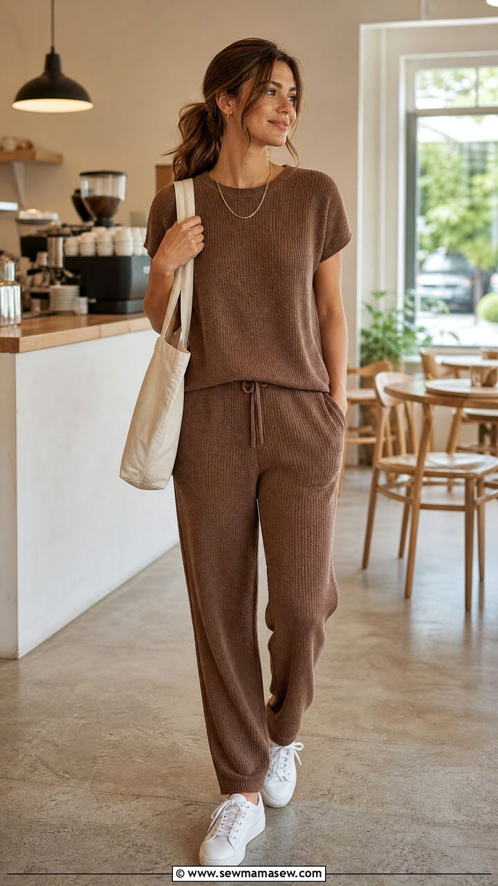Brown Knit Matching Set With White Sneakers - 30 Summer outfits in brown