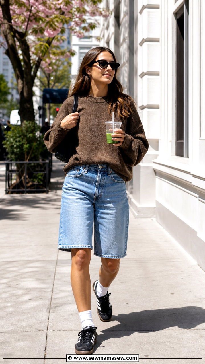 Brown Knit Sweater With Denim Bermuda Shorts And Black Sambas - 25 spring outfits with adidas sambas
