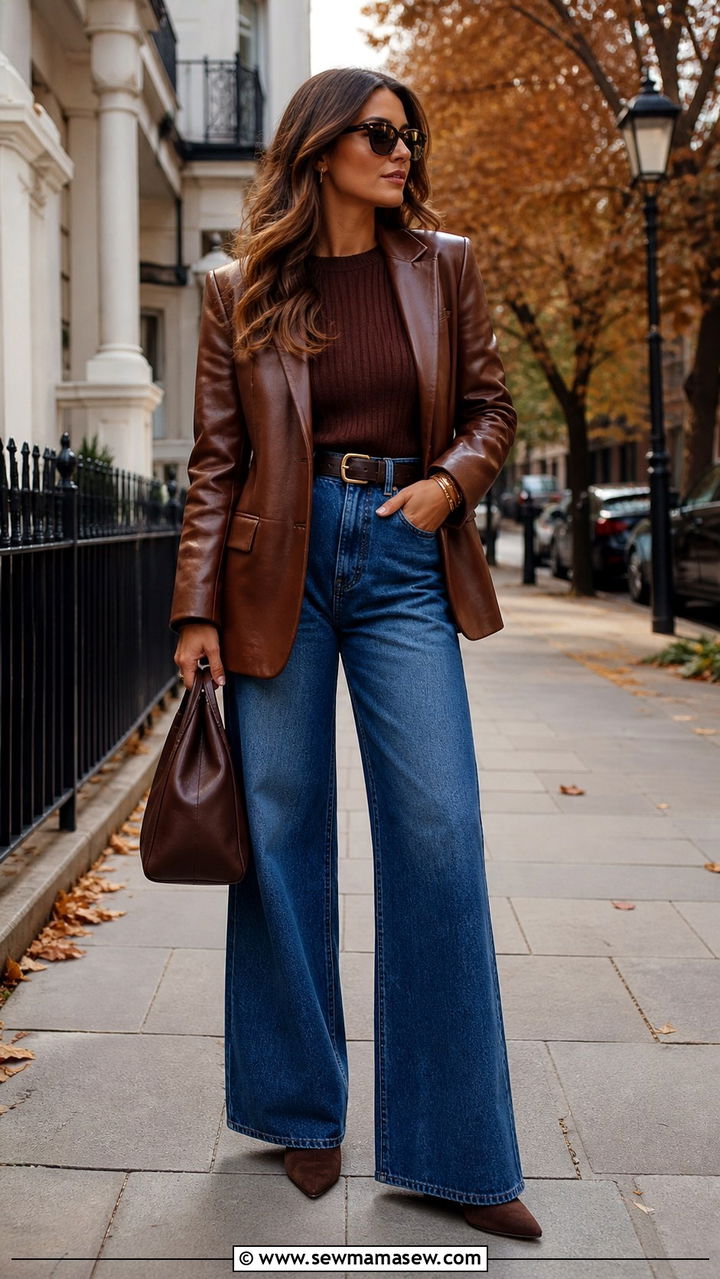 Brown Leather Blazer With Ribbed Knit And Wide Leg Jeans - 40 blazer outfit ideas for women