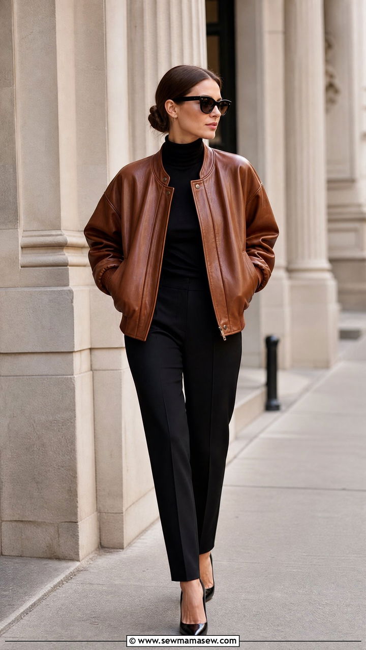 Brown Leather Bomber Jacket With Black Trousers - 25 chic bomber jacket outfit ideas